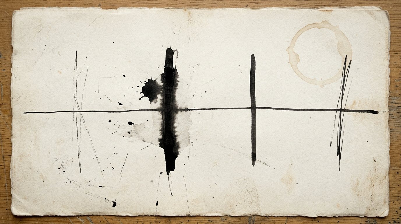 Partition graphique à l'encre : quatre traits verticaux jalonnent une longue ligne horizontale, chacun d'une épaisseur différente, le second nettement plus appuyé que les autres.