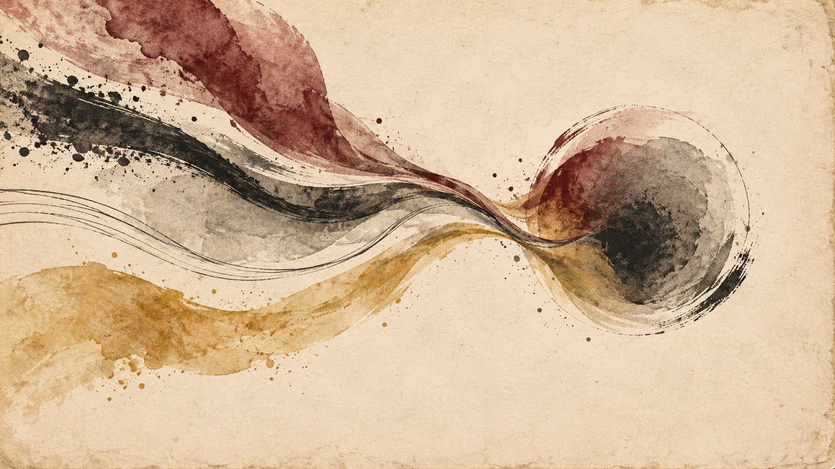 Plusieurs traces d'encre convergent vers une forme originale distincte sur un papier crème patiné.