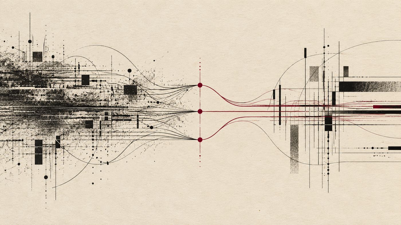 Two black graphic systems hand three burgundy anchor points across a central divide on warm cream paper.
