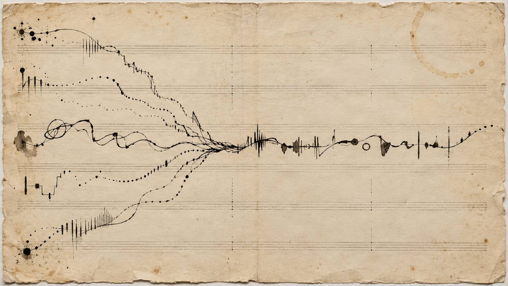 Several hand-drawn ink paths converge on a central line of abstract marks across aged cream paper.