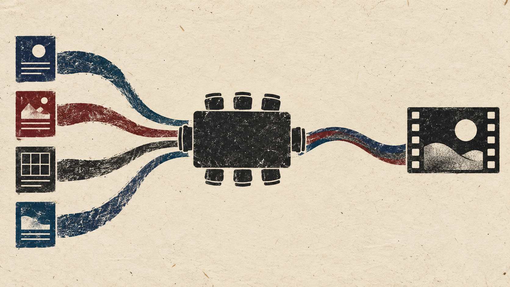 Quatre flux d'encre issus de documents abstraits convergent vers une table puis rejoignent une image de film.