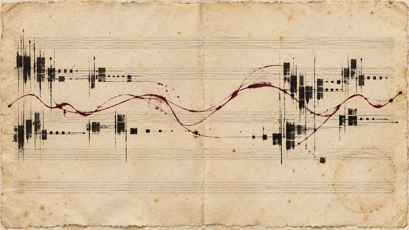 Black rhythmic blocks and a flexible burgundy line meet around deliberate areas of silence on warm cream paper.