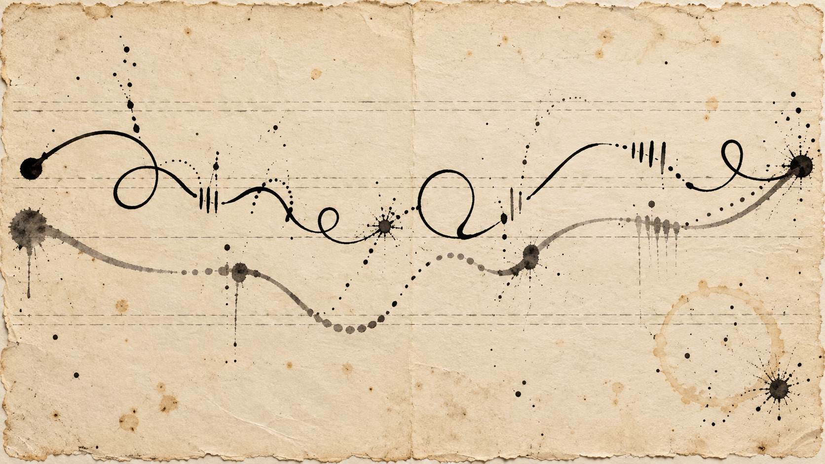 Deux tracés d'encre, l'un vif et bouclé, l'autre gris et menaçant, se croisent sur une partition abstraite en papier crème.