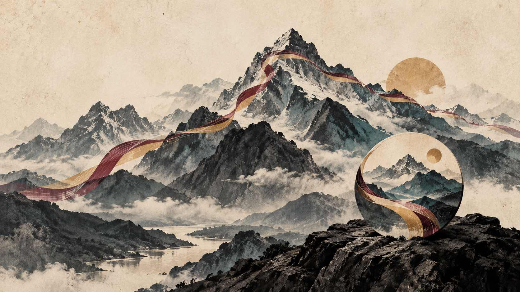 A long coloured ribbon crosses an ink mountain before condensing into a circular album-like form on aged cream paper.