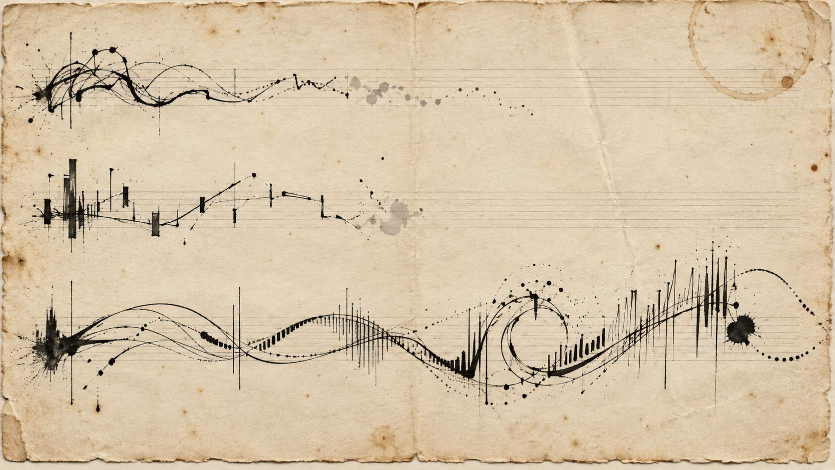 Trois chemins d'encre abstraits commencent séparément puis un seul se développe sur un papier crème vieilli.