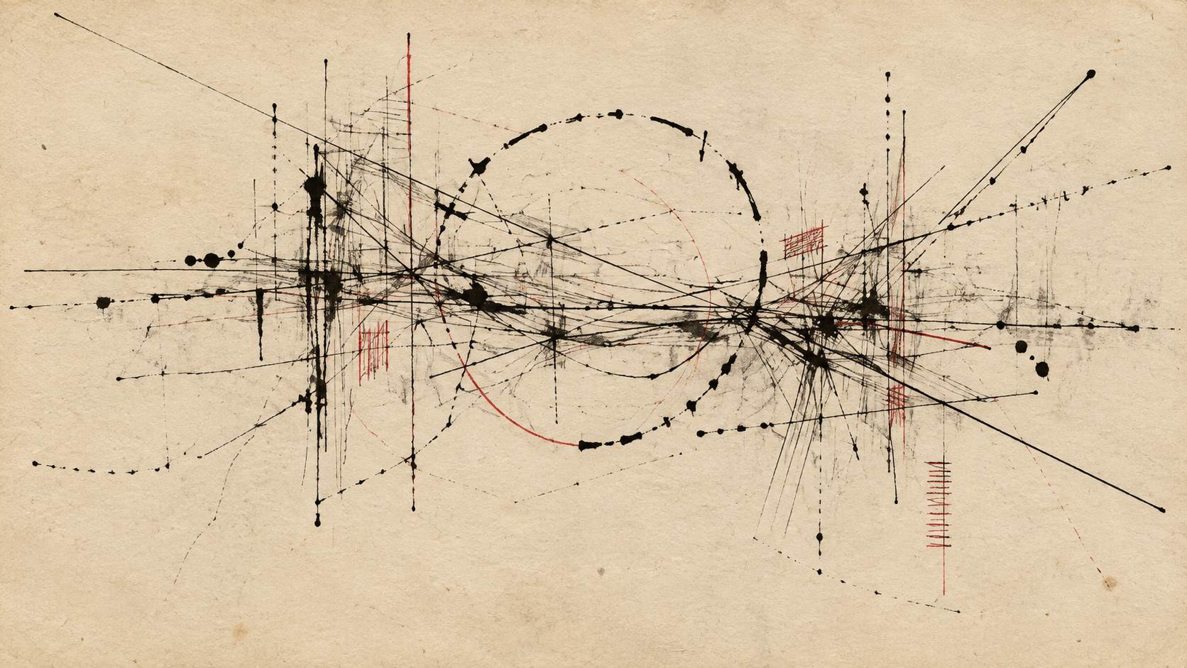 Black ink lines converge around a broken circle, crossed by restrained red marks on aged cream paper.