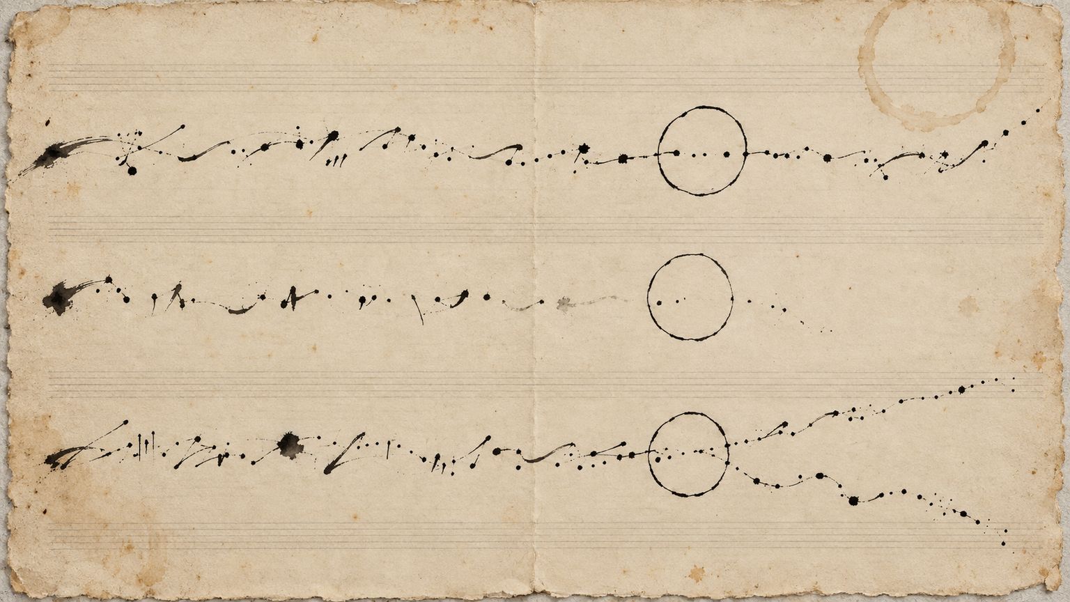Trois tracés d'encre noire traversent de fines portées sur papier crème et rencontrent des cercles tracés à la plume, avec une interruption et une bifurcation.