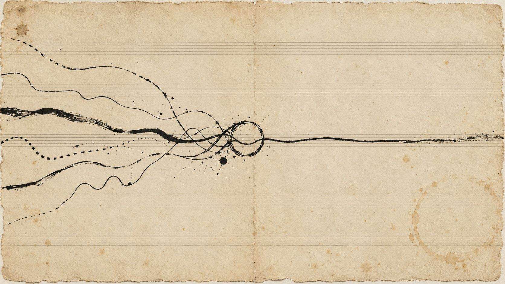 Several hand-drawn ink paths converge on one circle before a single line continues across the paper.