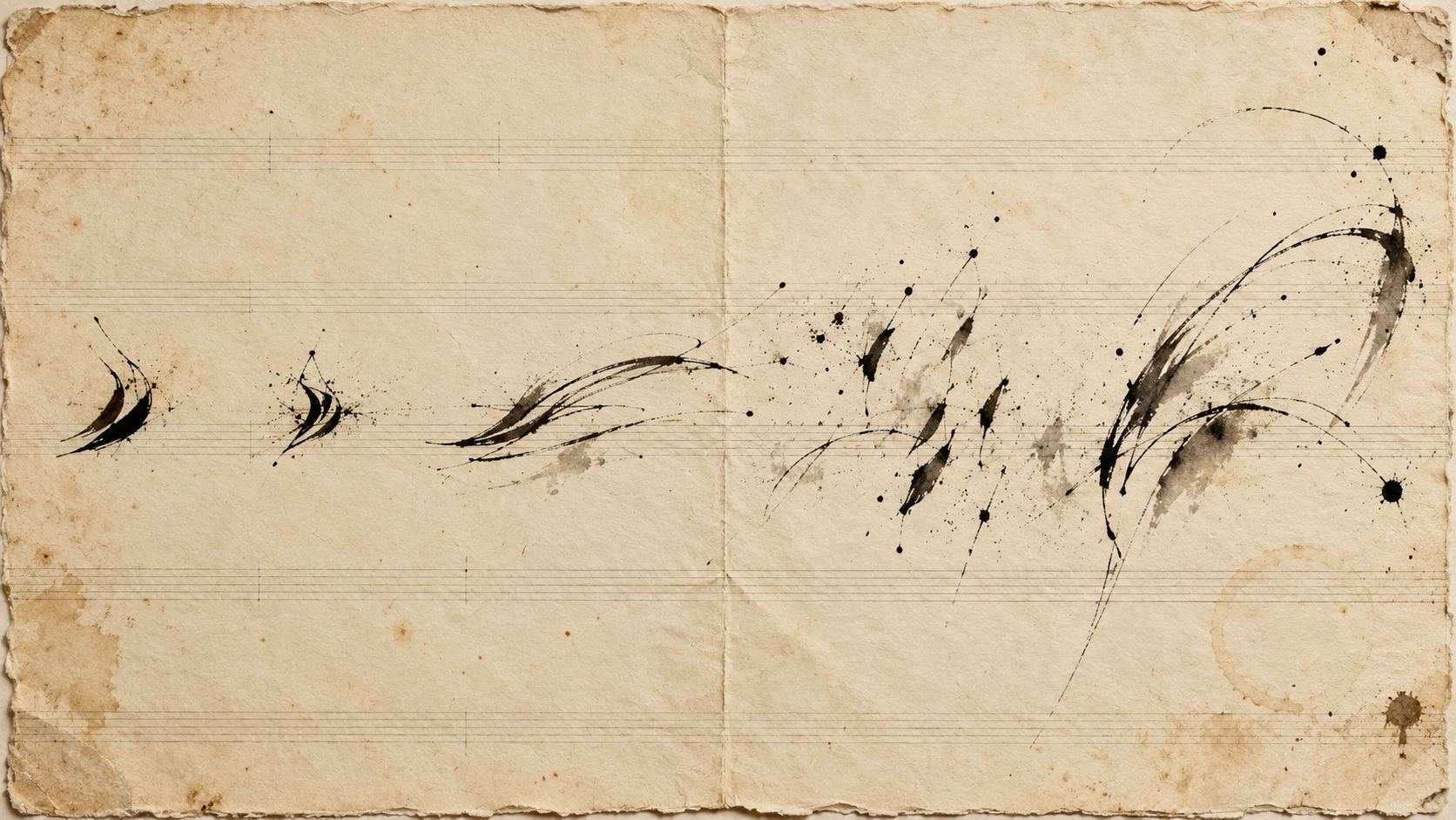 Un petit motif d'encre se transforme progressivement en gestes plus amples sur une feuille crème vieillie.