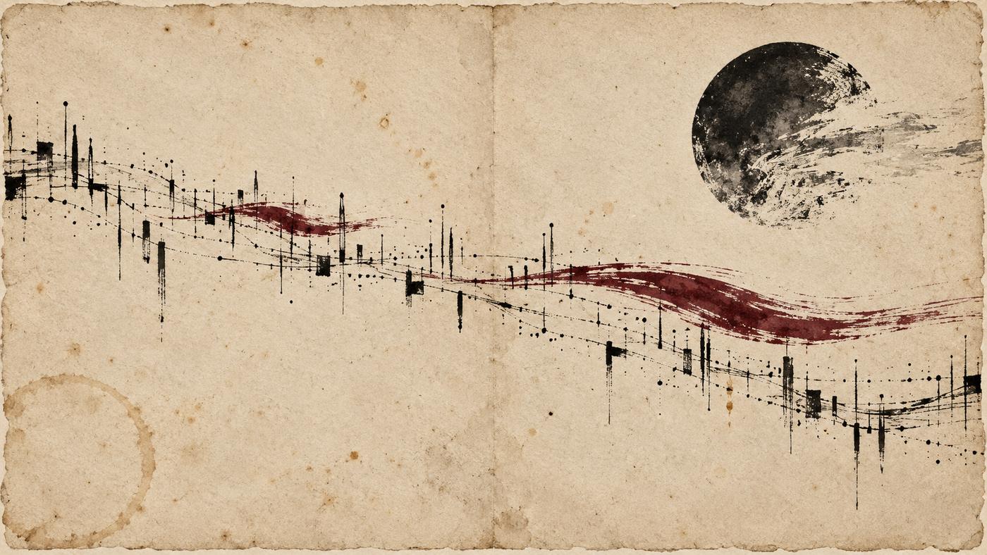 A long black trajectory crosses aged paper beside two burgundy forms and a partially broken dark disc.