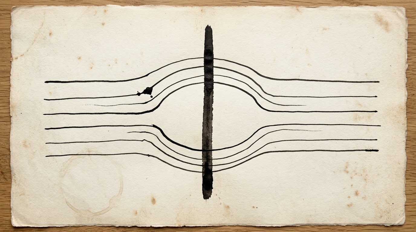 Partition graphique à l'encre : plusieurs lignes horizontales dévient de leur trajectoire pour contourner un unique trait vertical épais, laissant un vide autour de lui.