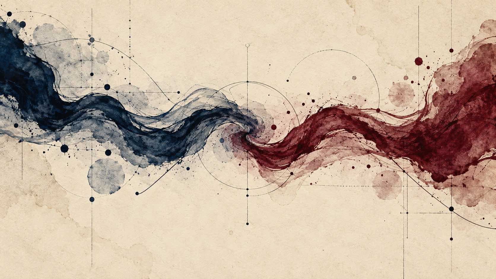 Deux courants d'encre, l'un bleu sombre et l'autre bordeaux, traversent un réseau abstrait avant de se rejoindre.
