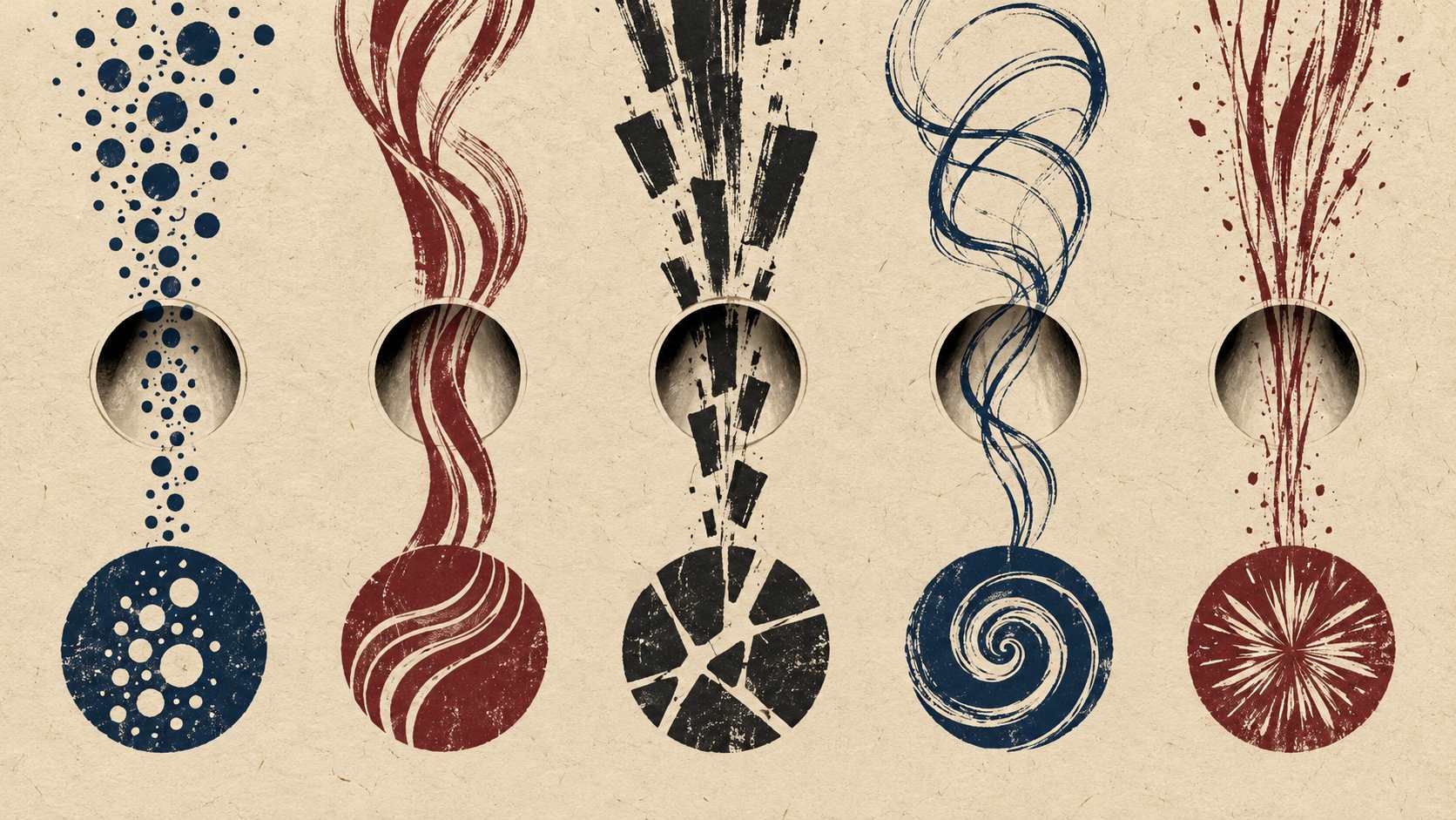 Five different ink gestures pass through separate apertures and resolve into five distinct graphic seals.