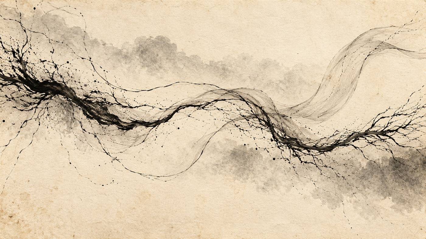 Une ligne d'encre noire dense et ramifiée croise un ruban plus léger sur un papier crème brumeux.